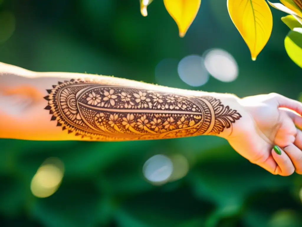 Arte de henna en la selva tropical Un bosque tropical exuberante sirve de fondo para un antebrazo cubierto de intrincados tatuajes de henna