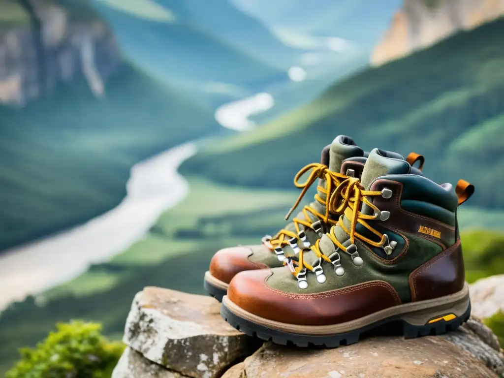 Botas de senderismo en acantilado: resistencia y exploración Botas de senderismo desgastadas descansan en un acantilado rocoso, mirando un valle exuberante