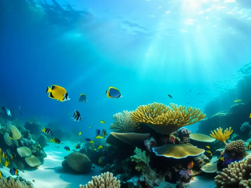 Arrecife de coral vibrante: el paraíso submarino de Bunaken y Lembeh Buceo en Bunaken y Lembeh: vibrante arrecife de coral repleto de vida marina, peces coloridos y la luz del sol filtrándose