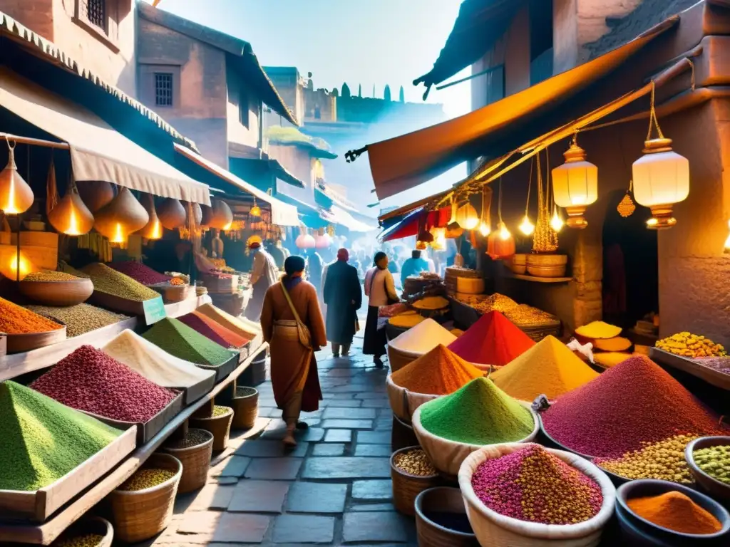 Mercado antiguo repleto de especias y productos exóticos Un bullicioso mercado antiguo lleno de especias, hierbas y bienes exóticos