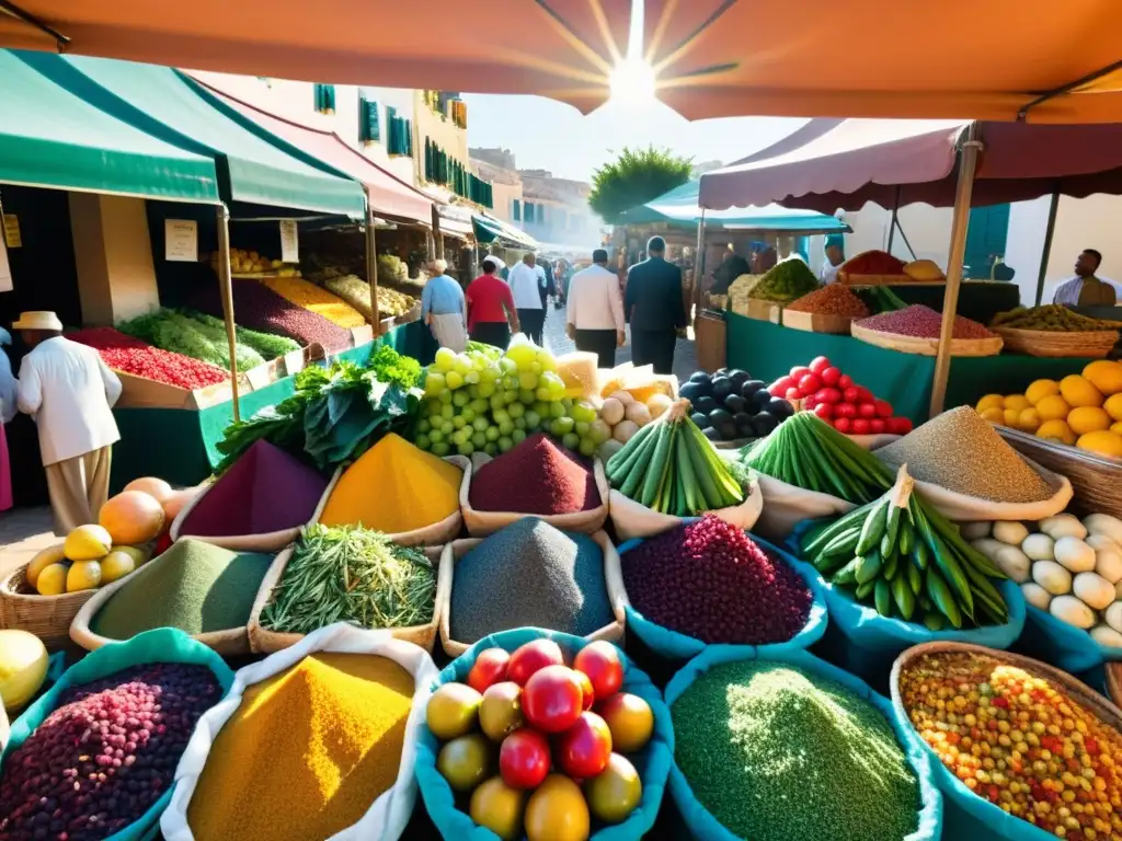 Mercado mediterráneo: colores, sabores y vida Un bullicioso mercado mediterráneo con ingredientes insulares rarezas gastronómicas en vibrantes colores y texturas, bañado por cálida luz