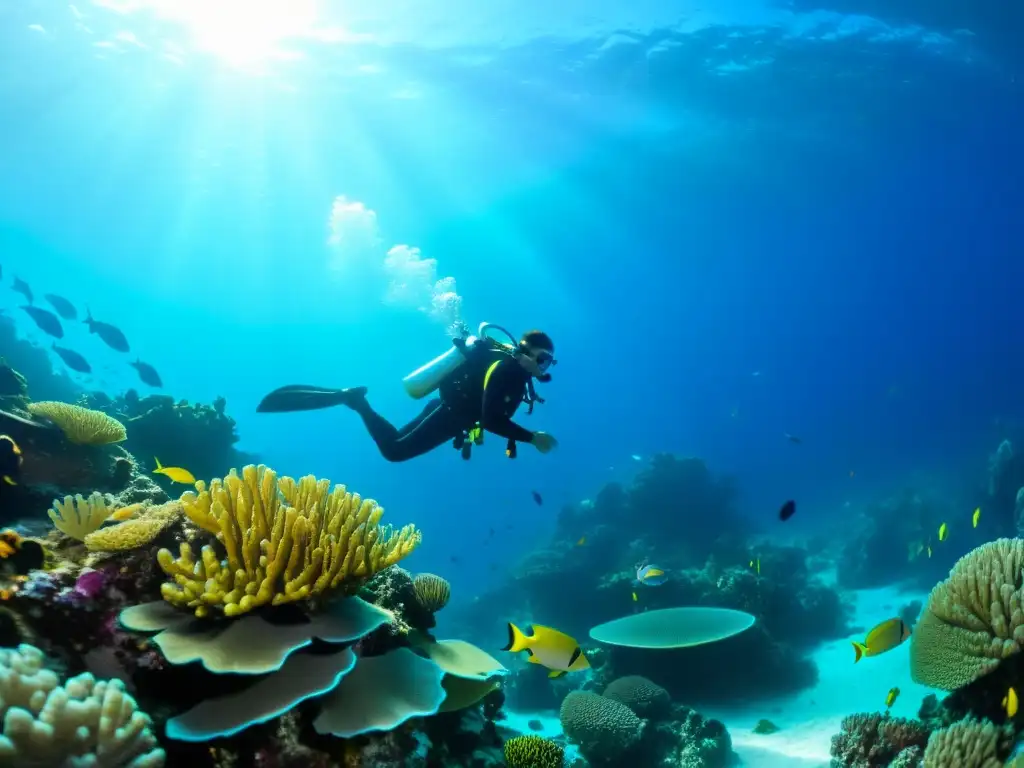 Exploración submarina en Micronesia: vida marina vibrante Un buzo explora un vibrante arrecife de coral en Micronesia, rodeado de peces y vida marina