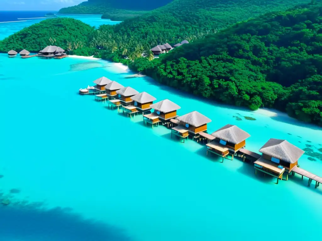 Bungalows sobre el agua en paraíso tropical Viviendo en cabañas sobre aguas turquesas: Escena idílica con bungalows de madera sobre el mar, palmeras y paisaje tropical