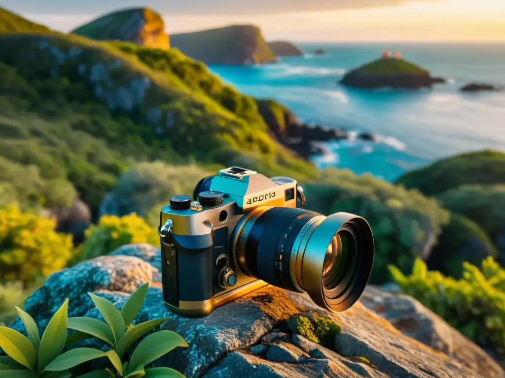 Explorando islas: cámara en acantilado al atardecer Una cámara resistente captura la belleza de islas inexploradas al atardecer
