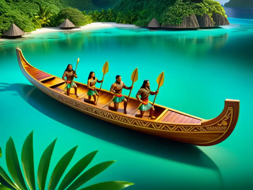 Canoa de guerra polinesia tallada con arte vibrante Una canoa de guerra polinesia tallada con intrincados diseños simbólicos, flotando en aguas turquesas rodeada de exuberante vegetación tropical