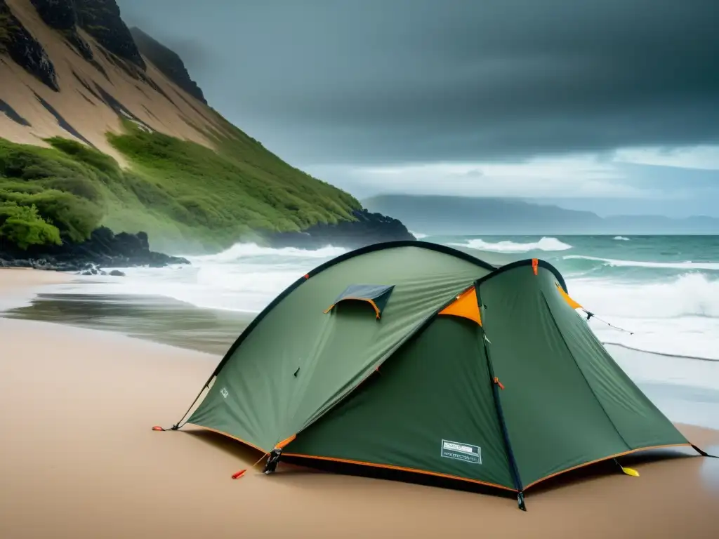 Una carpa resistente al viento y al agua en una remota playa de isla, protegida por un cielo dramático y olas poderosas