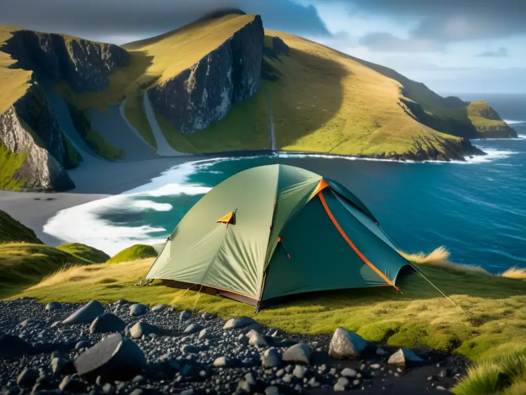 Una carpa resistente al viento y al agua destaca contra el impresionante paisaje de una remota isla