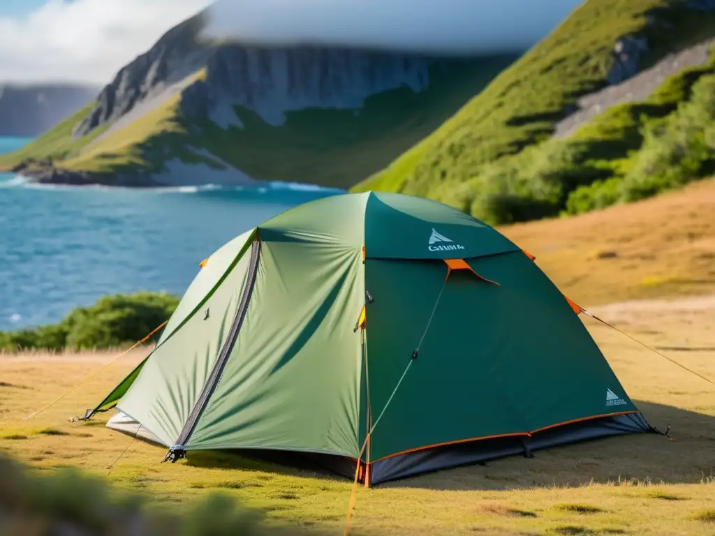 Una carpa resistente al viento y al agua en una remota isla ventosa, destacando su durabilidad y fiabilidad en condiciones extremas