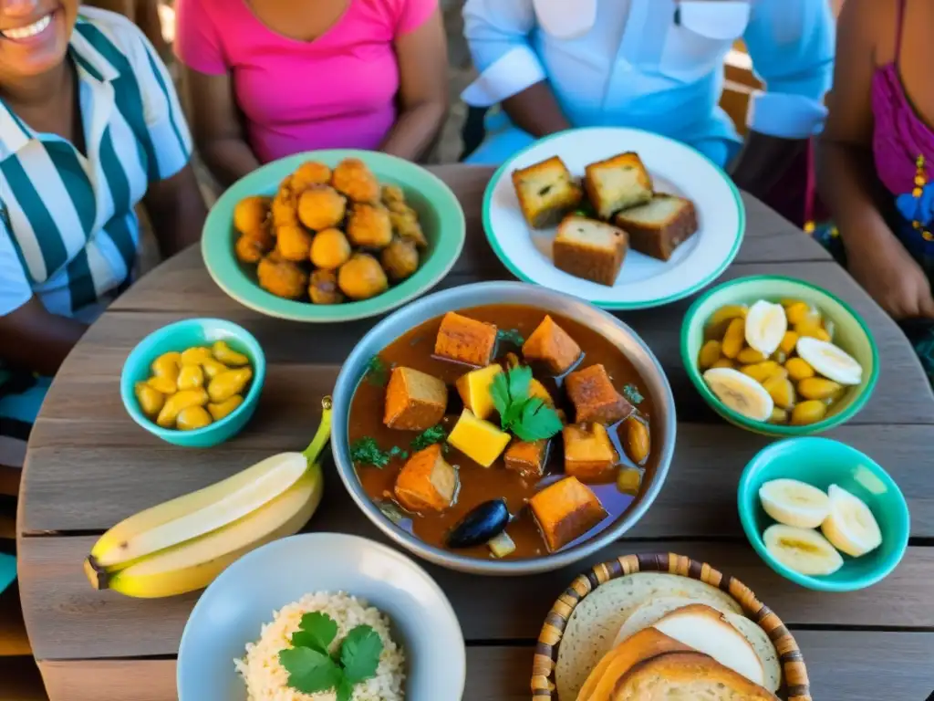 Banquete tradicional en Santo Tomé y Príncipe: colores, risas y sabores Una celebración gastronómica en Santo Tomé y Príncipe con platos típicos rodeados de coloridas vestimentas y naturaleza exuberante