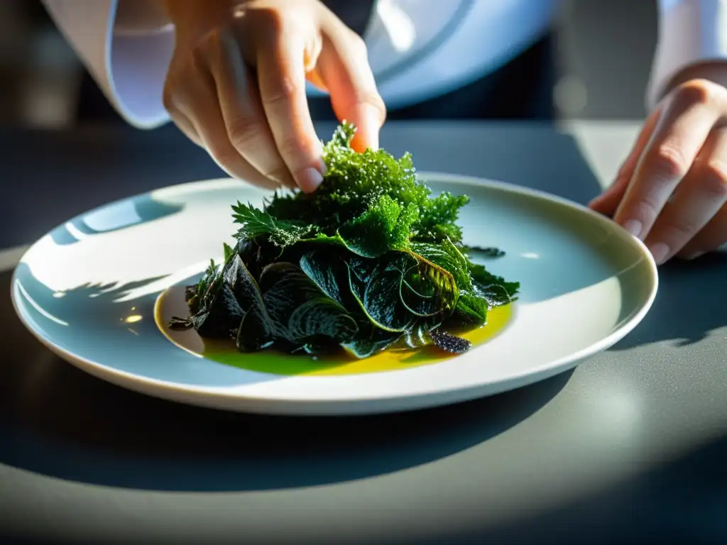 Chef experto decora plato con delicada alga marina verde Un chef coloca con delicadeza algas marinas verdes y brillantes en un exquisito plato