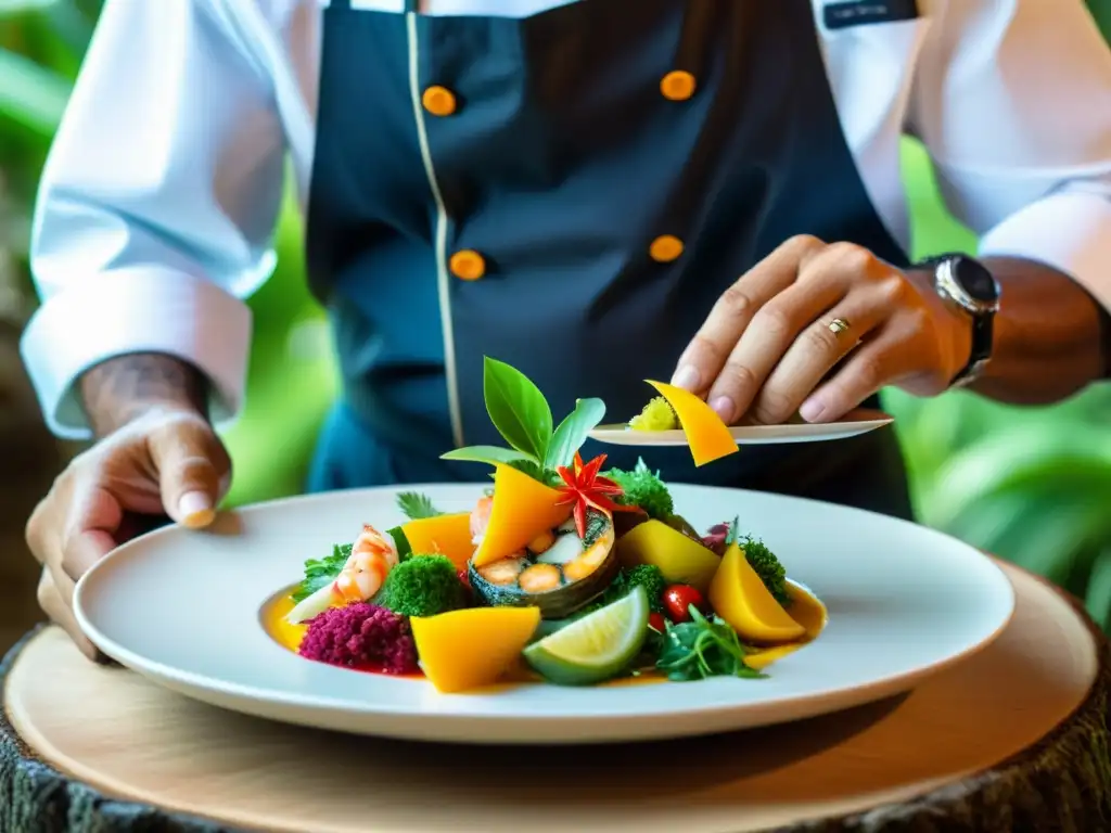 Chef experto crea exquisita obra culinaria en paraíso tropical Un chef experto plantea un plato vibrante con ingredientes locales en una isla remota