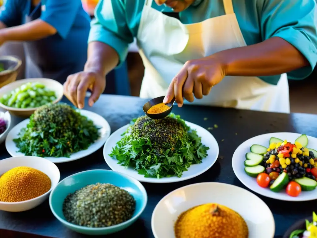 Cocina tradicional en mercado: Santo Tomé y Príncipe Un chef de Santo Tomé y Príncipe prepara platos típicos en un bullicioso mercado al aire libre