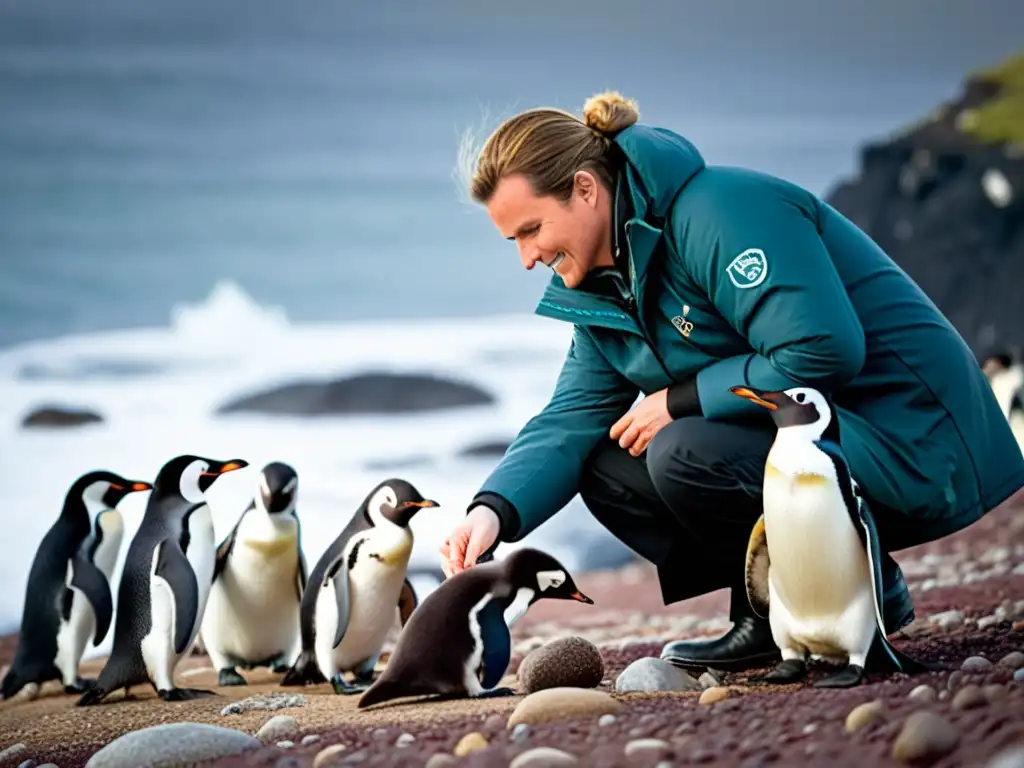 Exploración científica entre pingüinos en la subantártida Un científico en una isla subantártica examina con cuidado una colonia de pingüinos, creando una conexión única con la naturaleza