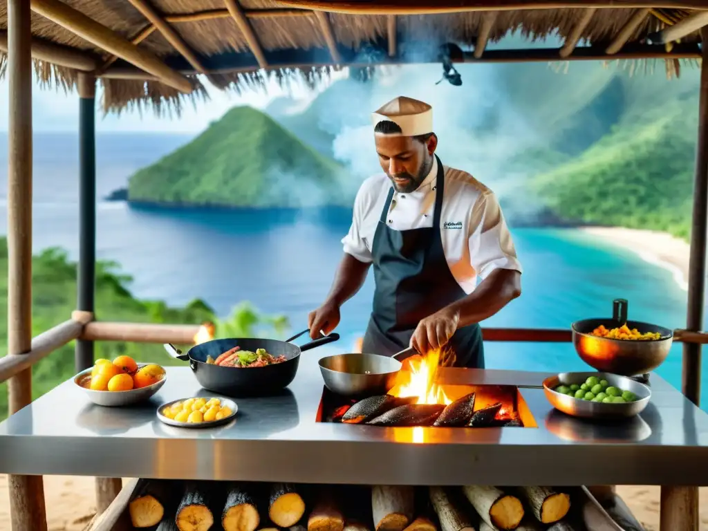 Cocina al aire libre en isla remota: chef preparando comida a la parrilla Cocina al aire libre en isla remota con chef preparando comida sobre parrilla de fuego abierto, rodeado de ingredientes locales y vistas al océano
