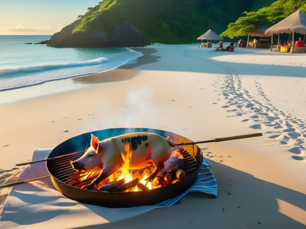 Barbacoa isleña: Asado de cerdo bajo el sol Cocina al aire libre en isla remota: cerdo asándose en el hoyo, locales vestidos con colores vibrantes, aroma de especias exóticas