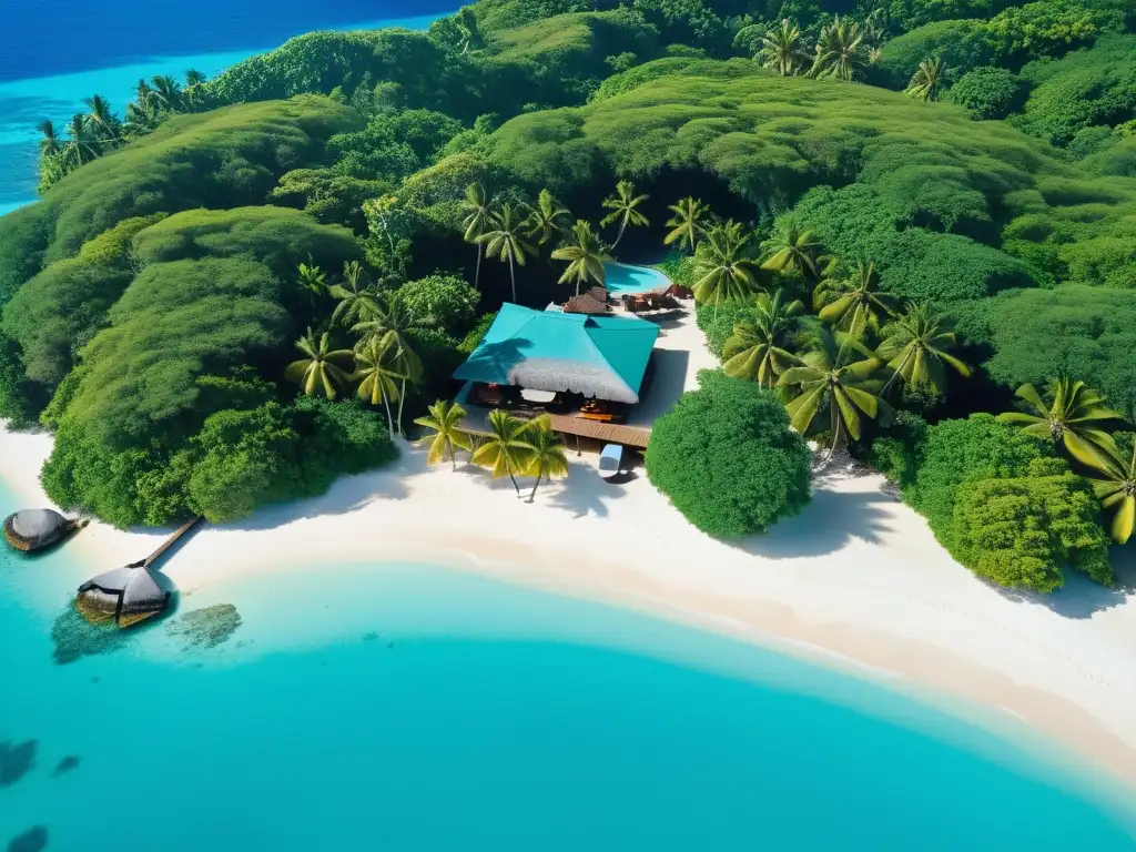 Paraíso tropical: Cocina al aire libre en isla remota Cocina al aire libre en isla remota con vista a aguas turquesas y exuberante vegetación, creando un paraíso culinario