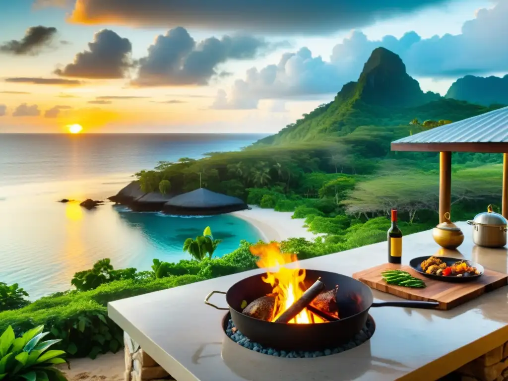 Cocina al aire libre en isla remota: chefs preparan mariscos frescos Cocina al aire libre en isla remota: chefs preparan mariscos frescos y verduras en parrilla frente a la playa al atardecer