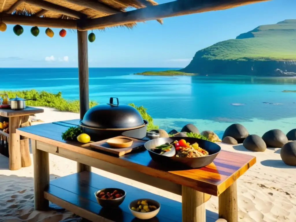 Cocina al aire libre en paraíso isleño Una cocina al aire libre en una isla remota: chefs locales preparan delicias culinarias junto al mar en un escenario paradisíaco