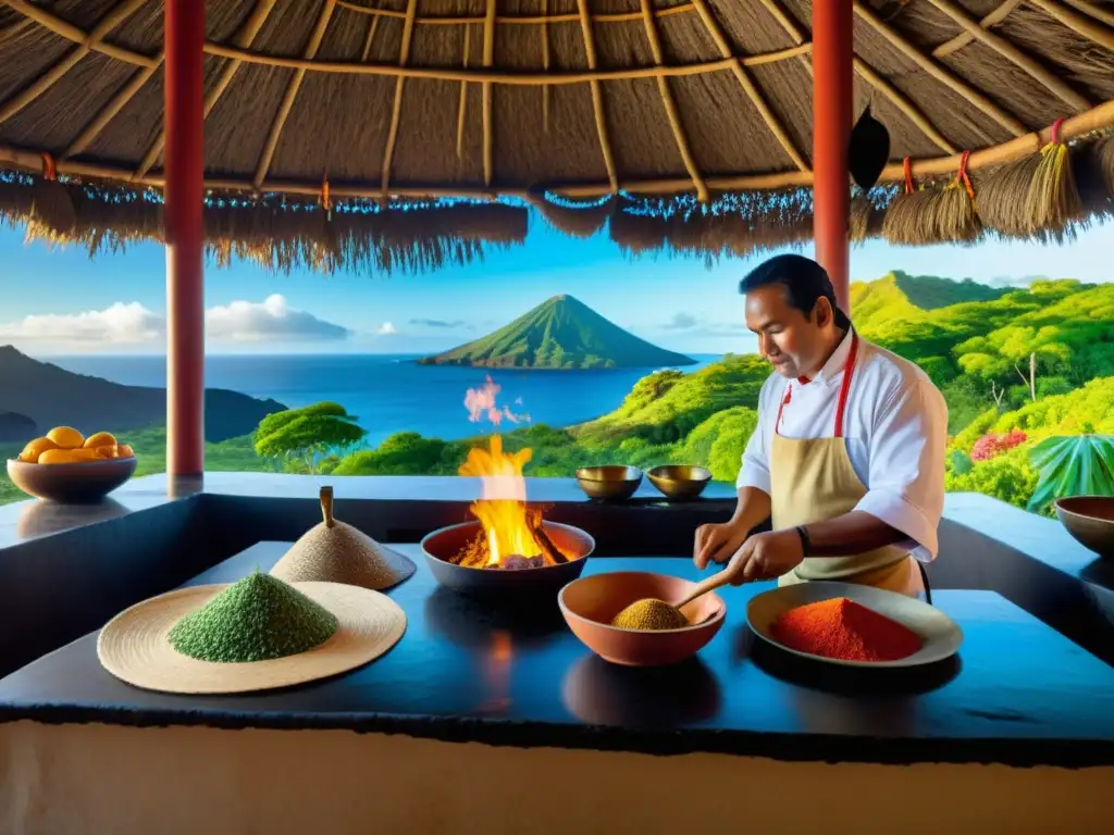 Cocina tradicional en isla volcánica: chef local preparando plato típico Una cocina tradicional en una isla volcánica, llena de ingredientes coloridos y un chef preparando un plato típico sobre el fuego abierto