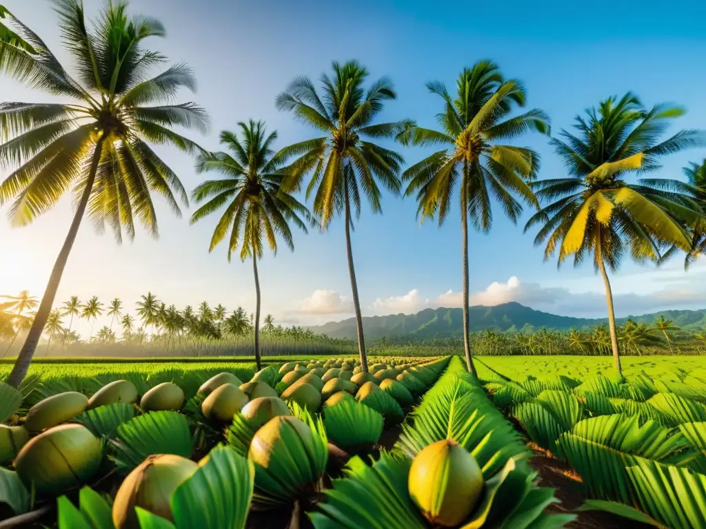 Plantación de cocos en Micronesia: cosecha tradicional bajo el sol Plantación de coco exuberante en Micronesia, con agricultores cosechando el copra, mostrando la importancia económica del coco en Micronesia