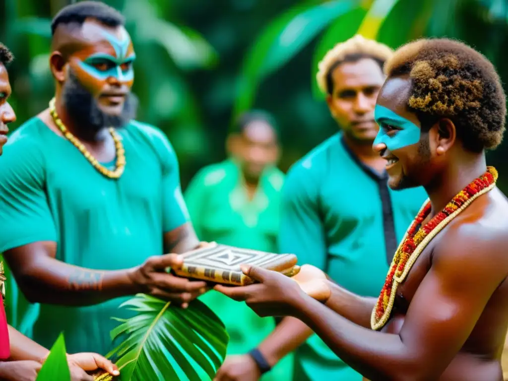Ceremonia lingüística tradicional en Melanesia Colorido intercambio lingüístico en Melanesia Pacífico: vestimenta tradicional, arte facial y mosaico lingüístico