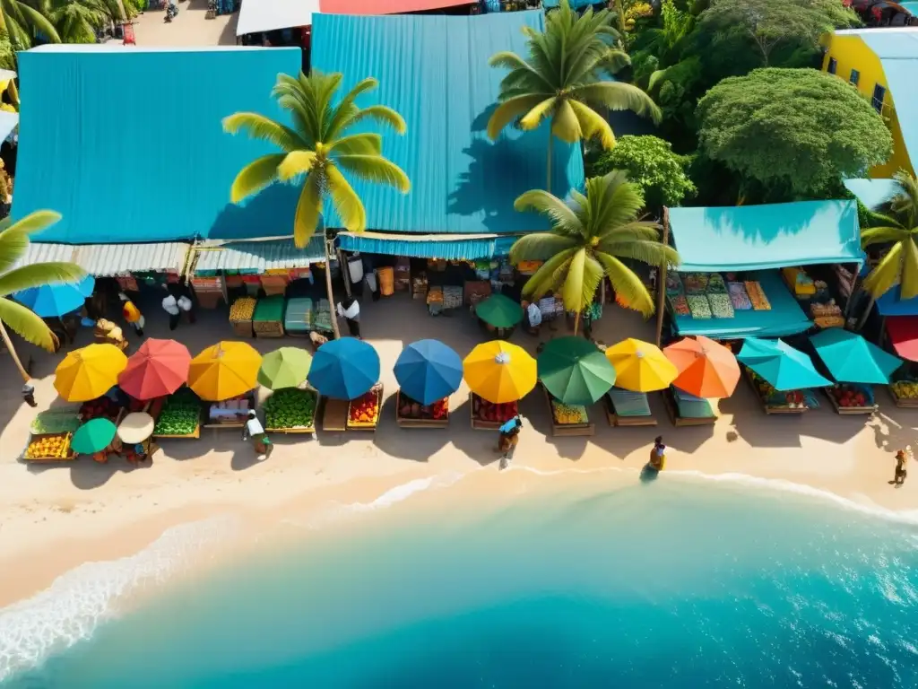 Mercado caribeño: frutas tropicales, artesanías y cultura local Colorido mercado al aire libre en el Caribe, con puestos de frutas tropicales, artesanías y literatura local