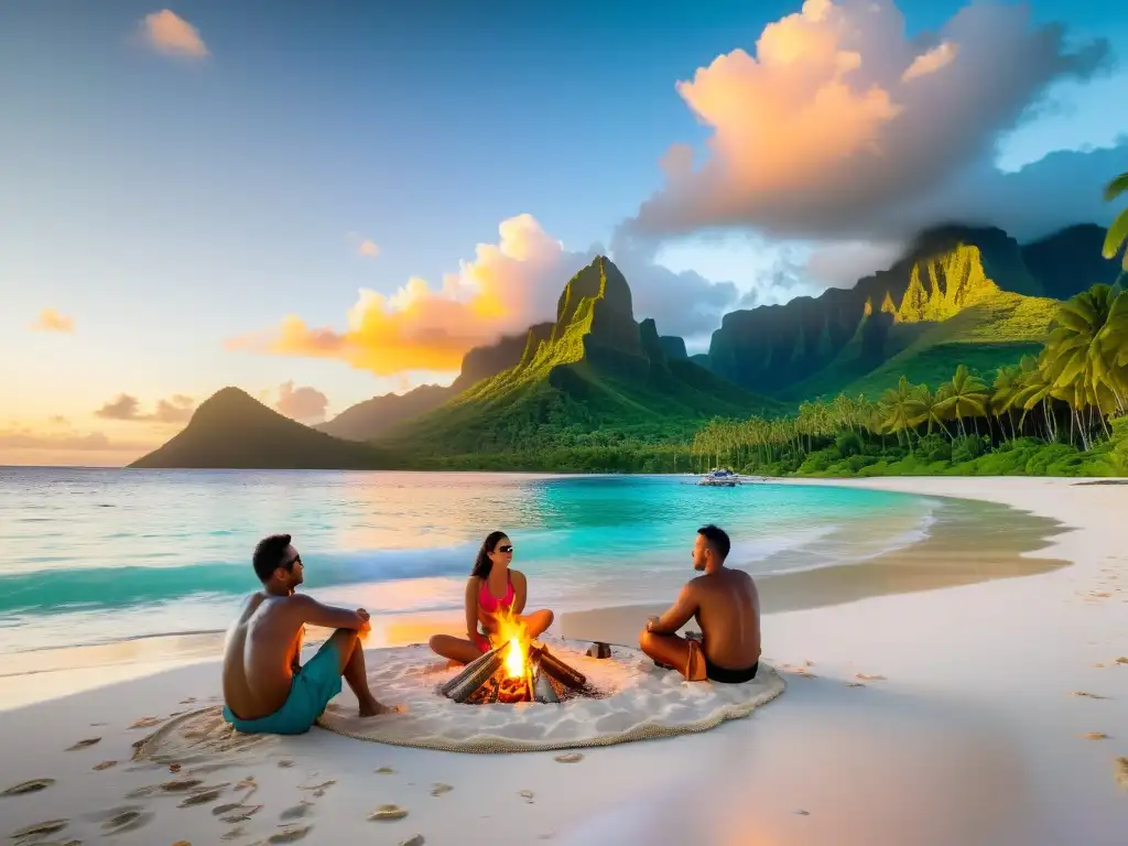 Atardecer inolvidable: expatriados disfrutan la comunión en Polinesia Comunidad de expatriados disfrutando de una puesta de sol en Polinesia, resaltando las experiencias de expatriados en Polinesia