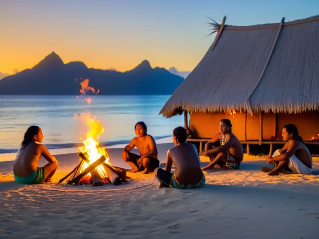 Anochecer de historias y tradiciones en la playa micronesia Comunidad indígena de Micronesia reunida alrededor de una fogata en la playa al atardecer, compartiendo historias y tradiciones