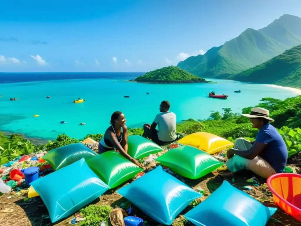 Reciclaje comunitario en isla paradisíaca Comunidad en isla gestionando residuos plásticos con soluciones innovadoras frente al mar y vegetación exuberante