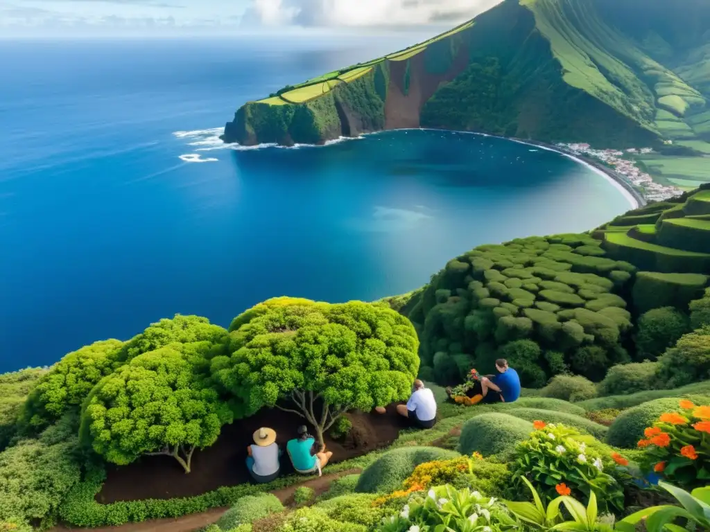 Reforestación en Azores: conservacionistas cuidando árboles nativos Conservacionistas plantando árboles nativos en las Islas Azores, restauración ecosistemas, escena serena y vibrante