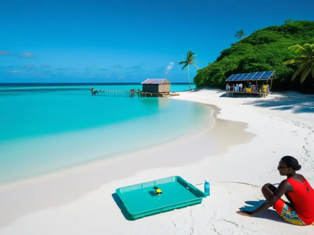 Agua cristalina y energía renovable en paraíso tropical Consumo responsable en islas remotas: Comunidad recoge agua en playa tropical con energía renovable al fondo
