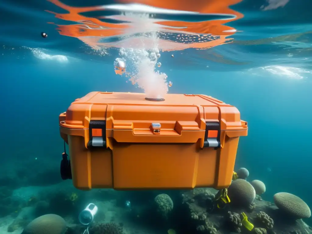 Contenedor impermeable resistente: protección en la exploración marina Contenedor a prueba de agua para exploración marina rodeado de equipo submarino, mostrando su durabilidad en el fondo marino