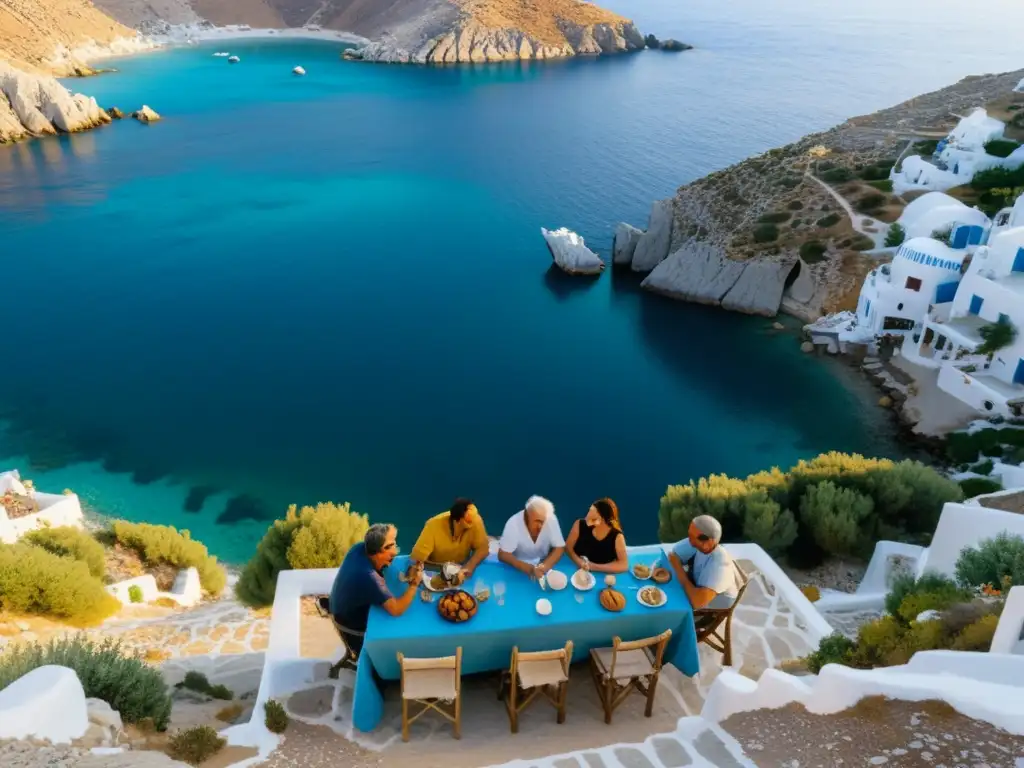 Atardecer mágico en las islas Cícladas: Comunidad y armonía en un paraíso Convivencia sostenible en Islas Cícladas: Atardecer dorado sobre aguas azules, edificios blancos y comunidad armoniosa disfrutando juntos