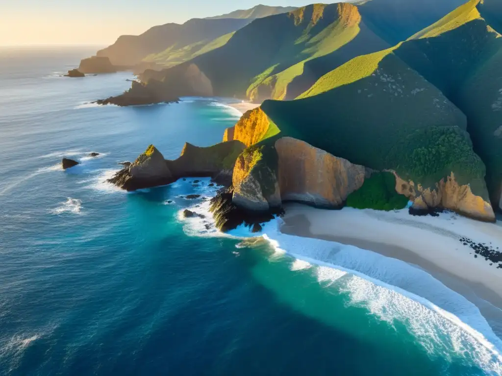 Costa salvaje de Santa Helena: atardecer dorado y naturaleza indómita La costa escarpada de Santa Helena, con acantilados, aguas azules y exuberante vegetación