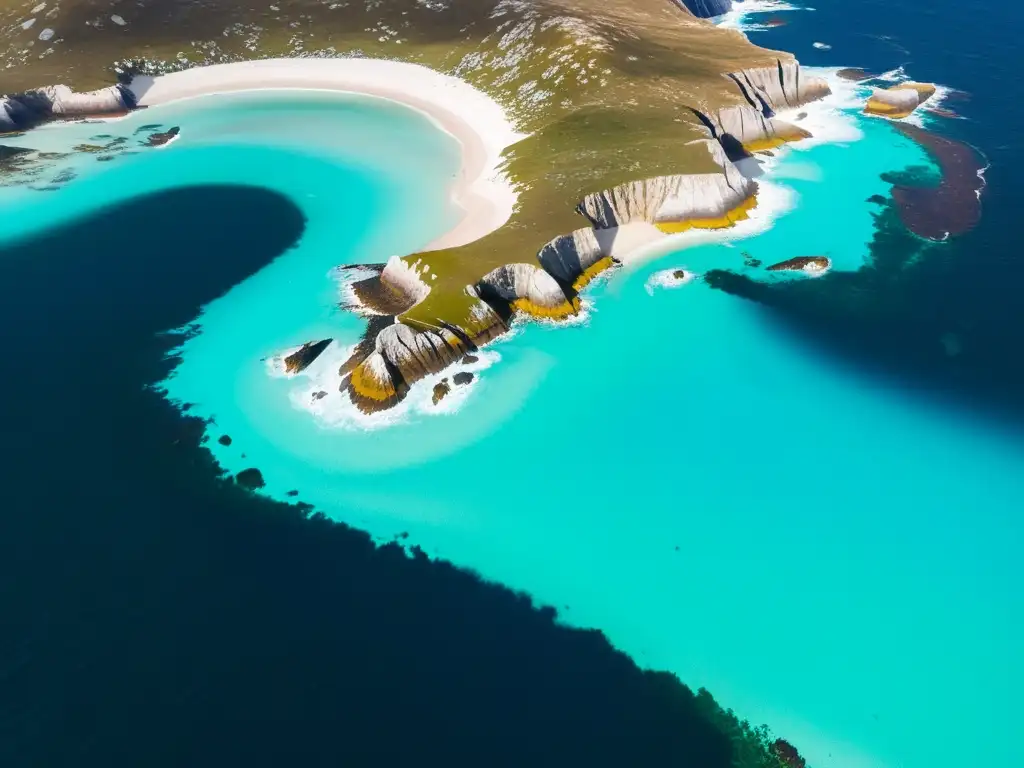 Costa salvaje de las Islas Malvinas: belleza indómita y vida silvestre Costa escarpada de las Islas Malvinas, con acantilados, aguas turquesas y vida silvestre