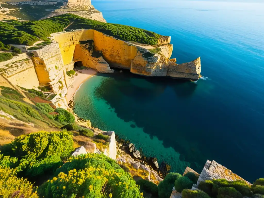 Costa rocosa de Malta: misterio y belleza eterna Costa escarpada de Malta, acantilados de piedra caliza, aguas cristalinas del Mediterráneo