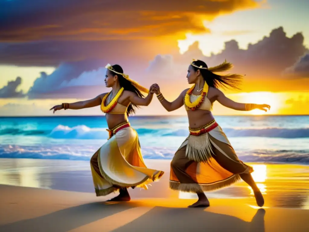 Danza cultural en la playa al atardecer en Micronesia Danza tradicional en la playa al atardecer en Micronesia, evocando la alegría y tradición de los festivales