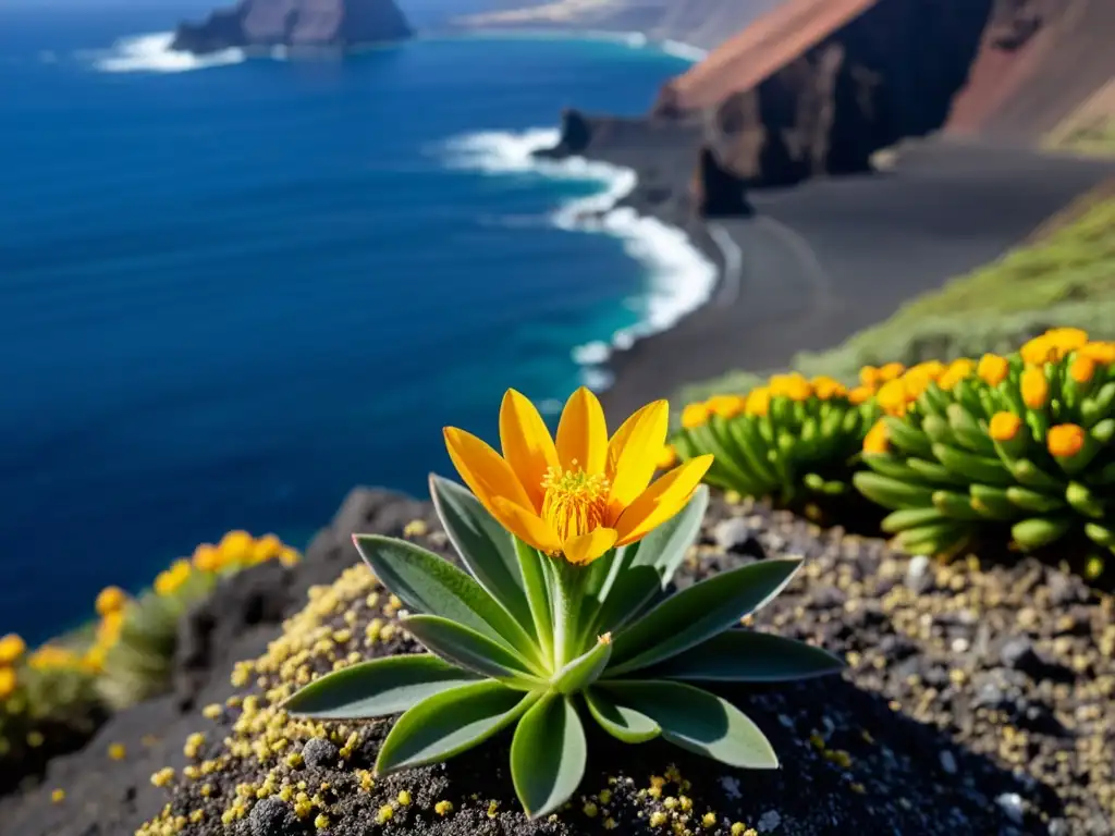 Flor silvestre de las Islas Canarias: belleza frágil en paisaje volcánico Una delicada flor silvestre nativa de las Islas Canarias, resaltando su belleza frágil y la protección de hábitats en las islas
