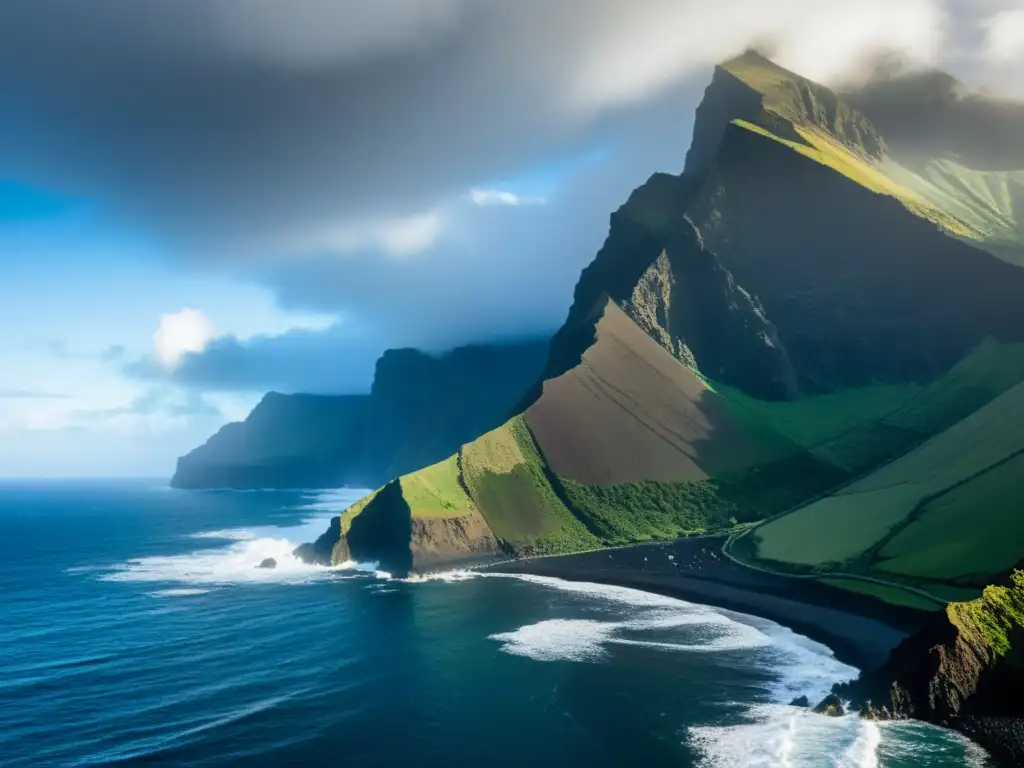 Costa abrupta de Tristan da Cunha: aislamiento y supervivencia Desafiante costa de Tristán de Acuña, con acantilados imponentes, olas furiosas y un cielo dramático