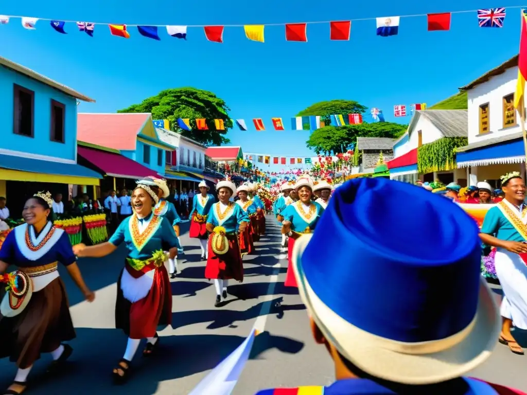 Desfile colorido y festivo en la isla Desfile colorido en calles empedradas de isla aislada: vida cultural y artística en islas aisladas