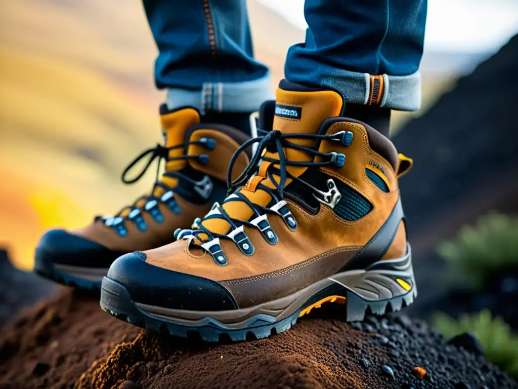 Botas de senderismo desgastadas en terreno volcánico Detallada imagen de botas de senderismo desgastadas en terreno volcánico