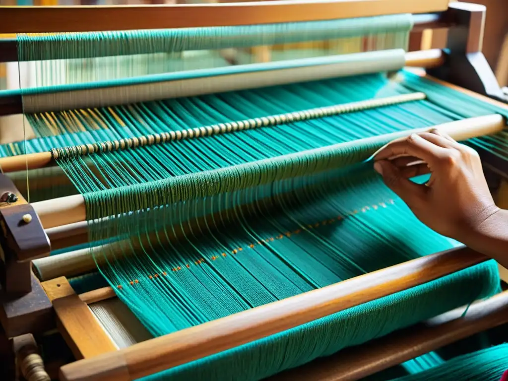 Artesano tejedor: Detalles vibrantes en telar Detallada imagen de un telar tradicional operado por un hábil artesano, creando un patrón textil inspirado en la cultura de islas lejanas