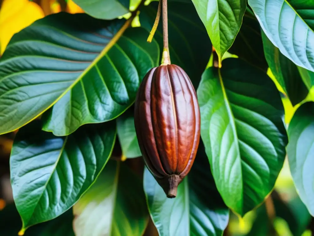 Detalle de un cacao maduro en una plantación exuberante en la Isla São Tomé
