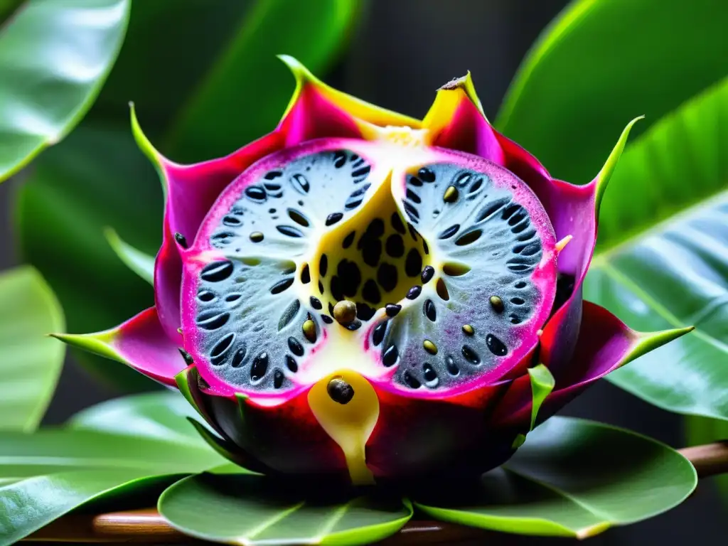 Exótica pitahaya púrpura: detalle asombroso Detalle de la exótica pitahaya morada abierta, resaltando sus semillas blancas y negras, contra un fondo de follaje tropical