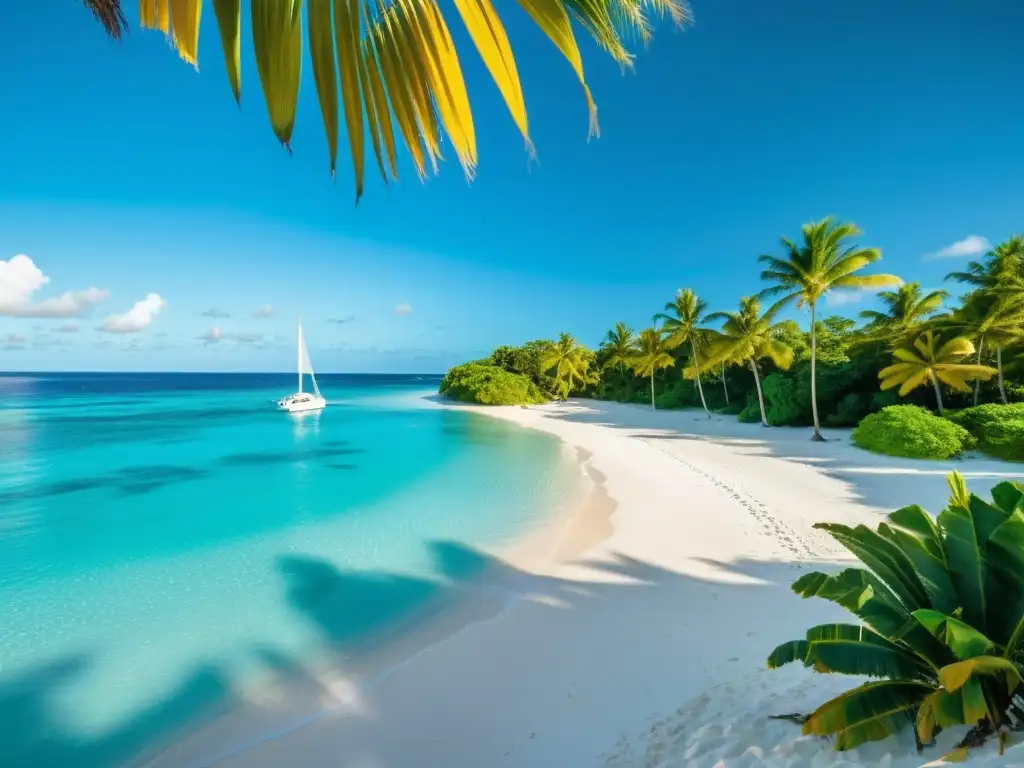 Playa paradisíaca caribeña: arena blanca, aguas turquesas y palmeras Diplomacia en el Caribe aguas turquesas: panorámica vibrante de una playa prístina con arena blanca, aguas cristalinas y palmeras exuberantes