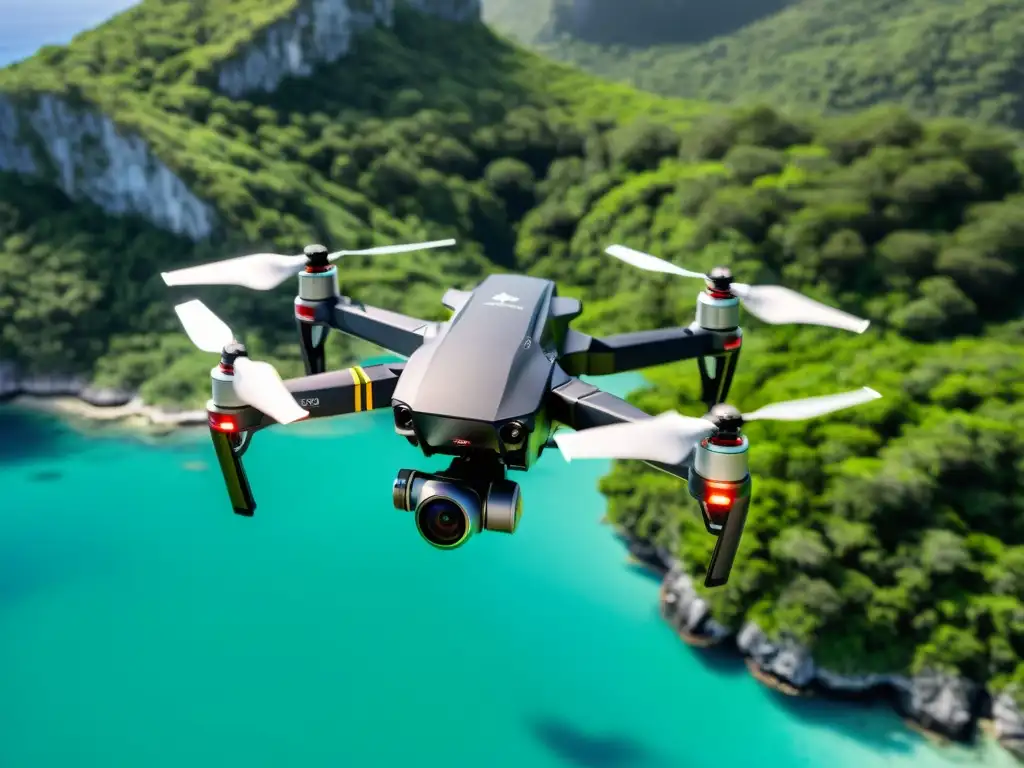 Drone negro mate captura paisaje impresionante Un dron negro mate sobrevuela una isla verde exuberante rodeada de aguas turquesas cristalinas, capturando imágenes detalladas de su topografía