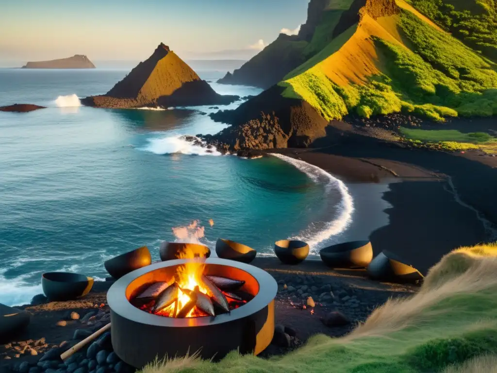Cocina al aire libre en isla volcánica Un emocionante atardecer en una remota isla volcánica, con lugareños cocinando al aire libre y asando pescado fresco sobre fuego