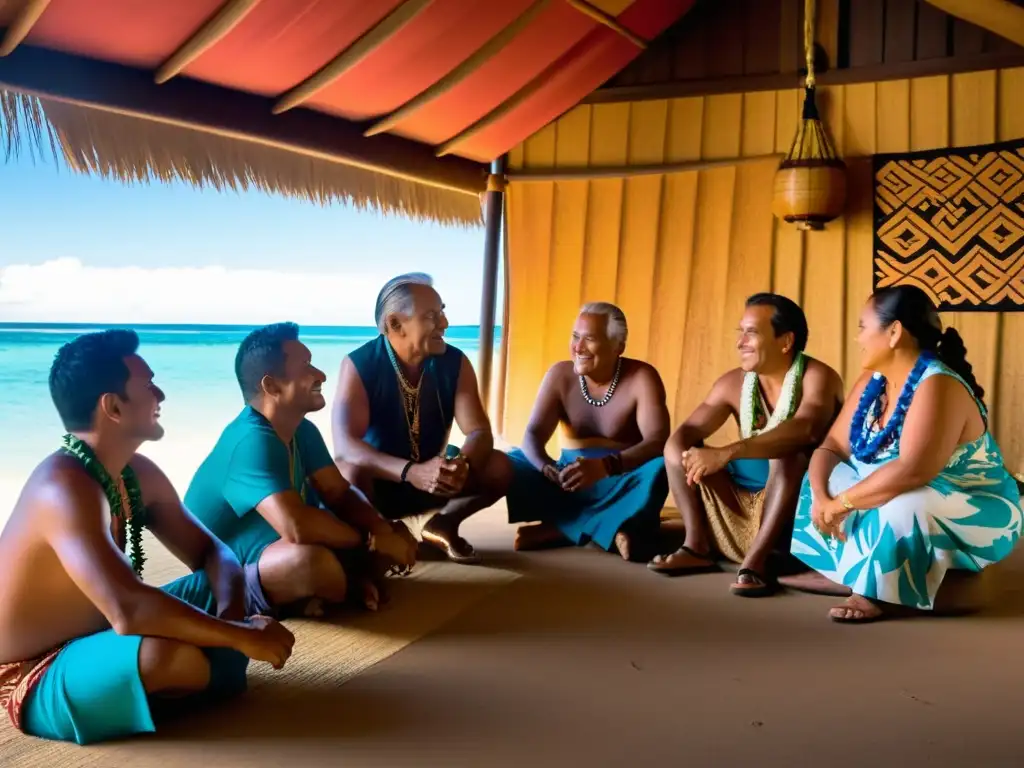 Conversaciones en fales: Experiencia cultural en Polinesia Un emocionante encuentro entre expatriados y ancianos polinesios en un fale tradicional, iluminado por la cálida luz del atardecer