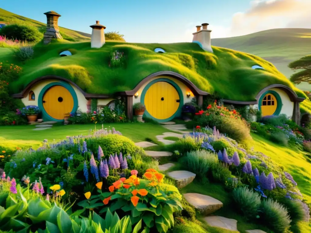 Hermosas casas Hobbit entre colinas verdes y mar cristalino Encantadoras casas hobbit en isla remota, fundidas en paisaje natural, rodeadas de exuberante vegetación y colores vibrantes