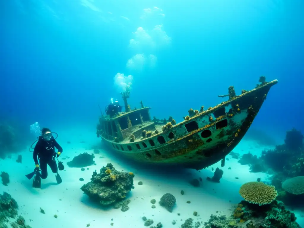 Exploración arqueológica: naufragio micronesio Equipo de arqueólogos y buzos explorando un antiguo naufragio Micronesio en el Pacífico